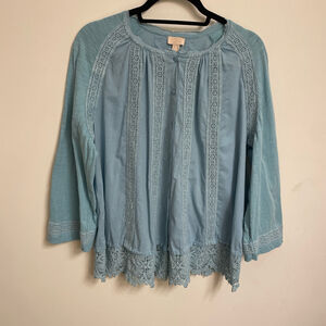 Logo Lavish Lori Goldstein Blue Embroidered Button Top Size M